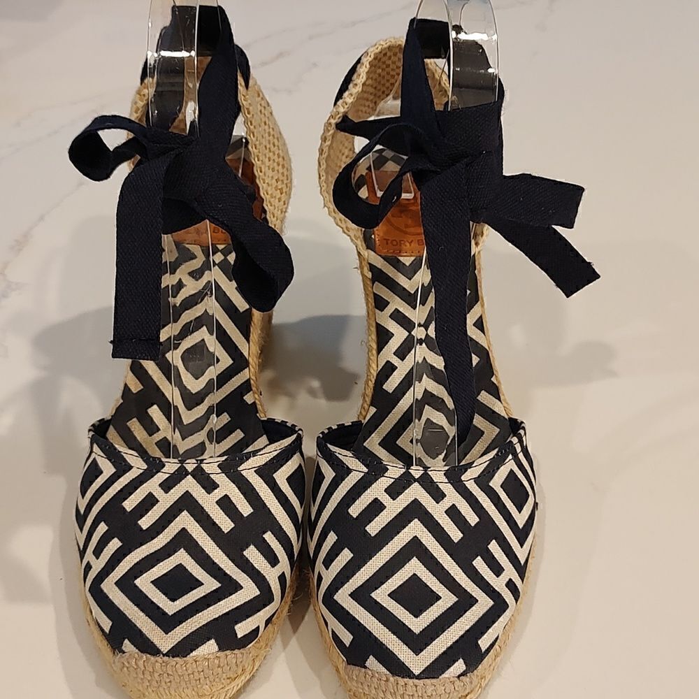 Tory Burch Geo Print Platform Wedge Espadrilles Navy White Boho Sandals - Picture 2 of 11
